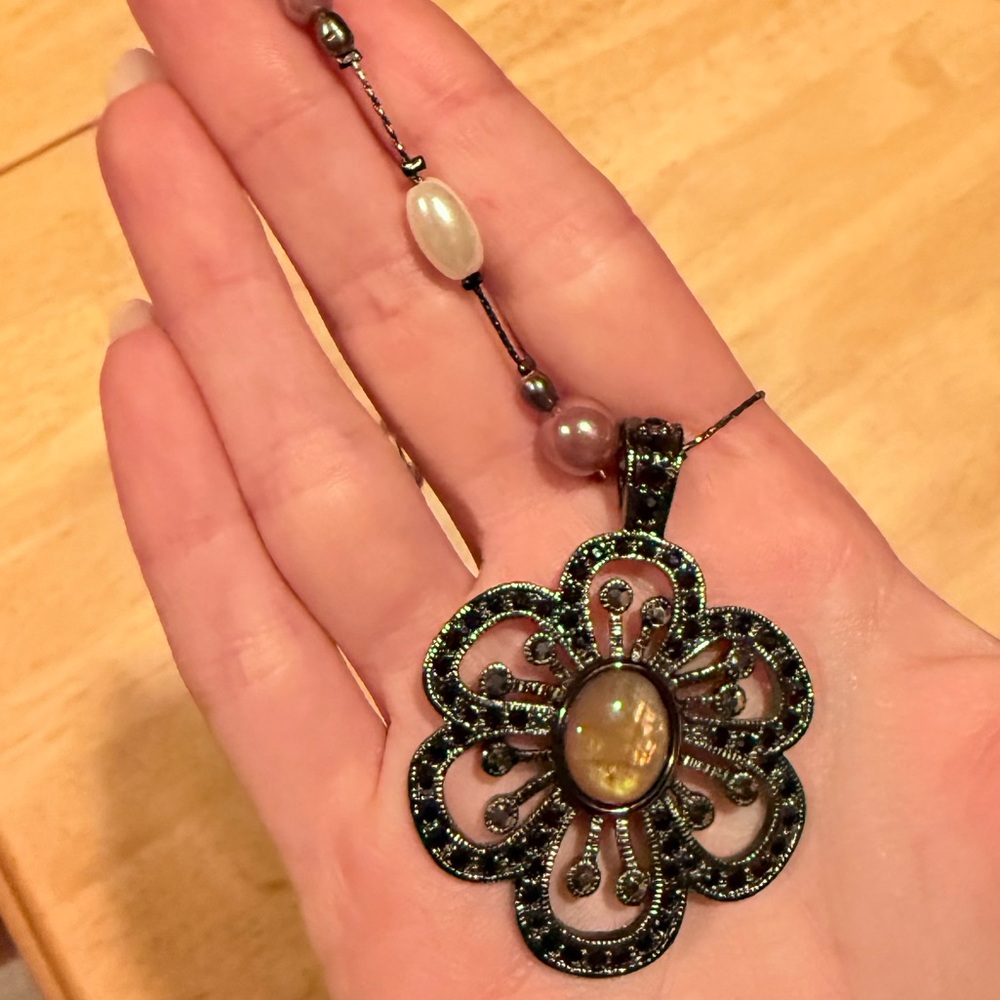 Lia Sophia Black and Silver Flower Pendant Necklace